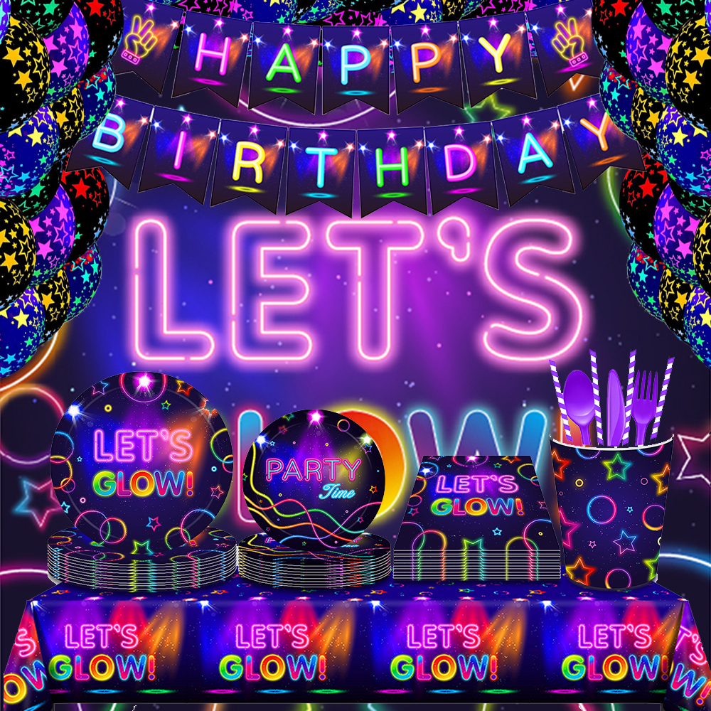 Confetti Balloon Set - Glow Party Tablecloth Napkins Cups Plates